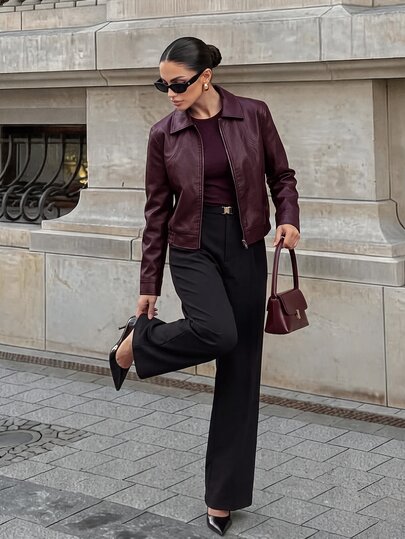 Silquee Chaqueta corta de cuero sintético minimalista en color burdeos para mujer – Versátil y elegante para el trabajo o uso casual (Otoño/Invierno)Chaqueta versátil