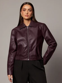 Silquee Women's Fashion Versatile Commuter Leather Jacket - Burgundy - View 11