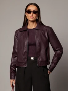 Silquee Women's Fashion Versatile Commuter Leather Jacket - Burgundy - View 7