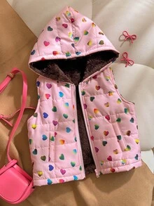 SHEIN Elladie kids 秋冬女童幼兒連帽加厚保暖背心，保暖內裡加厚棉墊外套，外衣 - 彩色 - 查看 1