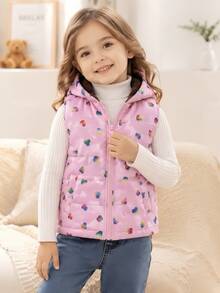 SHEIN Elladie kids 秋冬女童幼兒連帽加厚保暖背心，保暖內裡加厚棉墊外套，外衣 - 彩色 - 查看 3