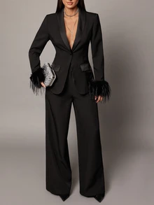 Silquee Women's Spring/Autumn Satin Patchwork Long Sleeve Fur Cuff Decor Blazer Jacket - Black - View 7