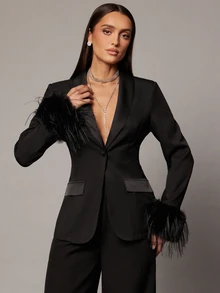 Silquee Women's Spring/Autumn Satin Patchwork Long Sleeve Fur Cuff Decor Blazer Jacket - Black - View 8