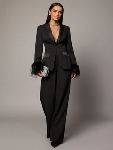 Silquee Women's Spring/Autumn Satin Patchwork Long Sleeve Fur Cuff Decor Blazer Jacket - Black - View 4