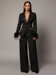 Silquee Women's Spring/Autumn Satin Patchwork Long Sleeve Fur Cuff Decor Blazer Jacket - Black - View 6