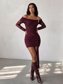 Glamine Women's Off Shoulder Tight Dress Sexy Lace Long Sleeved Red Ruffled Slim Mini Party Wrap Skirt - Red - View 6