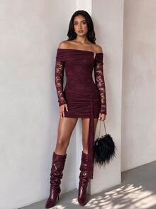 Glamine Women's Off Shoulder Tight Dress Sexy Lace Long Sleeved Red Ruffled Slim Mini Party Wrap Skirt - Red - View 5