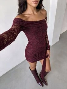 Glamine Women's Off Shoulder Tight Dress Sexy Lace Long Sleeved Red Ruffled Slim Mini Party Wrap Skirt - Red - View 7