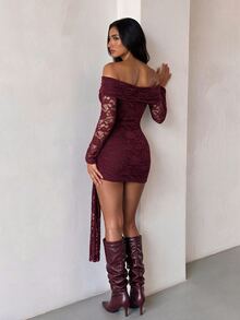 Glamine Women's Off Shoulder Tight Dress Sexy Lace Long Sleeved Red Ruffled Slim Mini Party Wrap Skirt - Red - View 2
