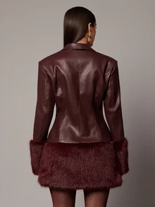 Silquee Women's Fashion PU Material Frayed Edge Patchwork Button Jacket - Burgundy - View 4
