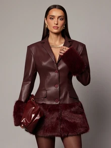 Silquee Women's Fashion PU Material Frayed Edge Patchwork Button Jacket - Burgundy - View 6