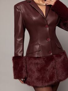 Silquee Women's Fashion PU Material Frayed Edge Patchwork Button Jacket - Burgundy - View 10