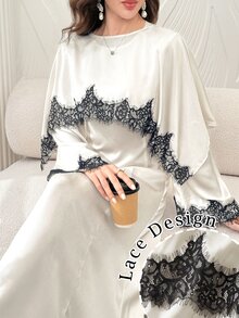 Yasmyna Spring Summer Autumn Satin Black Lace Patchwork Cape Style Long Robe, Elegant Long Sleeve Cinched Waist Long Dress For Women - Champagne - View 13