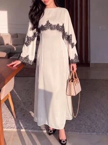 Yasmyna Spring Summer Autumn Satin Black Lace Patchwork Cape Style Long Robe, Elegant Long Sleeve Cinched Waist Long Dress For Women - Champagne - View 11