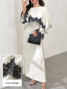 Yasmyna Spring Summer Autumn Satin Black Lace Patchwork Cape Style Long Robe, Elegant Long Sleeve Cinched Waist Long Dress For Women - Champagne - View 14