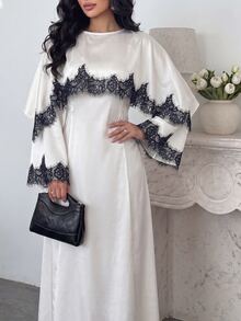 Yasmyna Spring Summer Autumn Satin Black Lace Patchwork Cape Style Long Robe, Elegant Long Sleeve Cinched Waist Long Dress For Women - Champagne - View 3