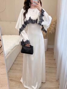 Yasmyna Spring Summer Autumn Satin Black Lace Patchwork Cape Style Long Robe, Elegant Long Sleeve Cinched Waist Long Dress For Women - Champagne - View 1