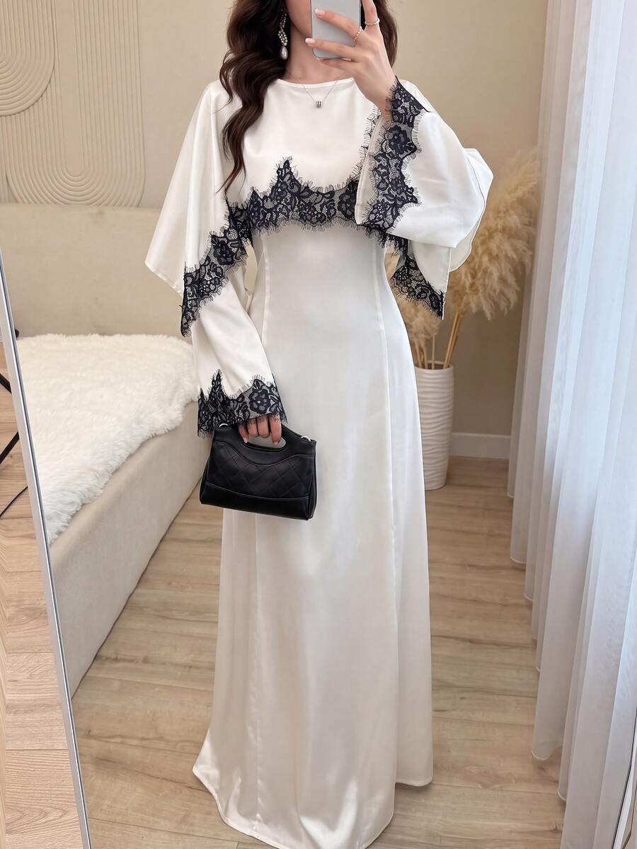 Yasmyna Spring Summer Autumn Satin Black Lace Patchwork Cape Style Long Robe, Elegant Long Sleeve Cinched Waist Long Dress For Women - Champagne - View 1