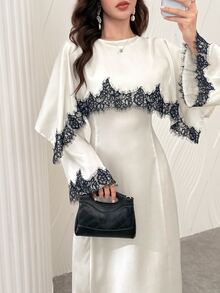 Yasmyna Spring Summer Autumn Satin Black Lace Patchwork Cape Style Long Robe, Elegant Long Sleeve Cinched Waist Long Dress For Women - Champagne - View 8