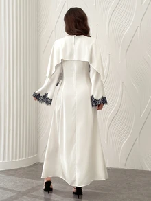 Yasmyna Spring Summer Autumn Satin Black Lace Patchwork Cape Style Long Robe, Elegant Long Sleeve Cinched Waist Long Dress For Women - Champagne - View 2