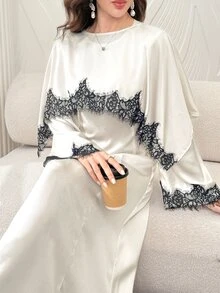 Yasmyna Spring Summer Autumn Satin Black Lace Patchwork Cape Style Long Robe, Elegant Long Sleeve Cinched Waist Long Dress For Women - Champagne - View 9