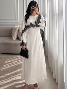 Yasmyna Spring Summer Autumn Satin Black Lace Patchwork Cape Style Long Robe, Elegant Long Sleeve Cinched Waist Long Dress For Women - Champagne - View 12
