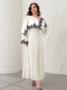 Yasmyna Spring Summer Autumn Satin Black Lace Patchwork Cape Style Long Robe, Elegant Long Sleeve Cinched Waist Long Dress For Women - Champagne - View 6