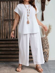 EMERY ROSE Plus Size Summer Teacher Clothes  Geometric Pattern Short Sleeve Top And Wide Leg Pants Two-Piece Set,Spring/Vacation - White - View 5