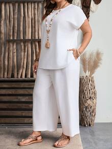 EMERY ROSE Plus Size Summer Teacher Clothes  Geometric Pattern Short Sleeve Top And Wide Leg Pants Two-Piece Set,Spring/Vacation - White - View 4