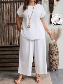 EMERY ROSE Plus Size Summer Teacher Clothes  Geometric Pattern Short Sleeve Top And Wide Leg Pants Two-Piece Set,Spring/Vacation - White - View 1