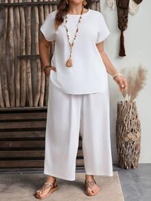 EMERY ROSE Plus Size Summer Teacher Clothes  Geometric Pattern Short Sleeve Top And Wide Leg Pants Two-Piece Set,Spring/Vacation - White - View 6