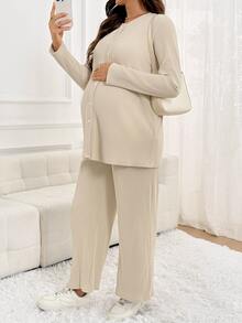 SHEIN 孕婦純色長袖上衣與吊帶褲兩件套 秋季 - 卡其色 - 查看 6