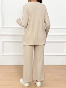 SHEIN 孕婦純色長袖上衣與吊帶褲兩件套 秋季 - 卡其色 - 查看 8