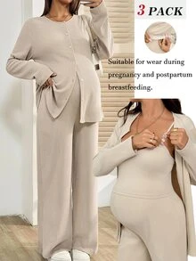 SHEIN 孕婦純色長袖上衣與吊帶褲兩件套 秋季 - 卡其色 - 查看 1