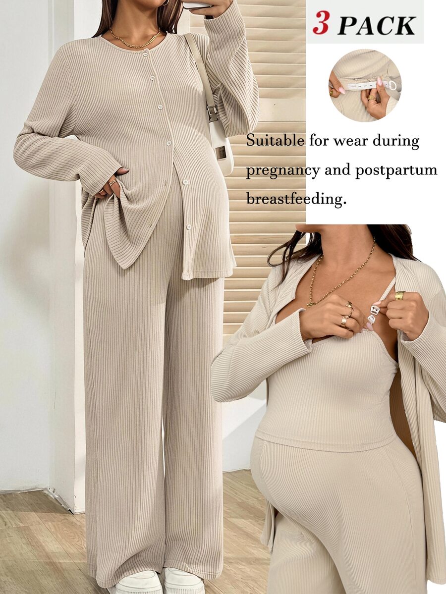 SHEIN 孕婦純色長袖上衣與吊帶褲兩件套 秋季 - 卡其色 - 查看 1