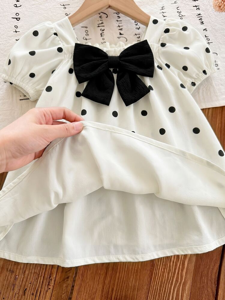 SHEIN LMoss Kids Baby Girl Woven Polka Dot Ruffle Sleeve Casual Dress - Black and White - View 3