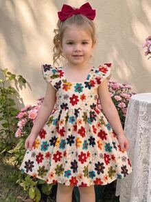 Baby Girl Cute Summer Bow Striped Flutter Sleeve Dress - Yellow - View 2