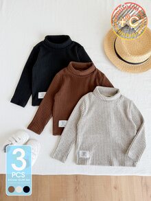 SHEIN 3件組男嬰高領上衣，可愛甜美灰色、棕色、黑色拼接羅紋針織長袖半高領，正裝生日派對秋季聖誕百搭款 - 彩色 - 查看 3