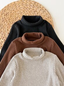 SHEIN 3件組男嬰高領上衣，可愛甜美灰色、棕色、黑色拼接羅紋針織長袖半高領，正裝生日派對秋季聖誕百搭款 - 彩色 - 查看 4