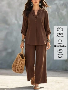 EMERY ROSE 2pcs Set Plus Size Women's Autumn/Winter Casual Thanksgiving Country Solid Brown Long Sleeve Shirt And Pants, Going Out Formal Holiday Outfits, Fall - Brown - View 11