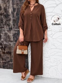 EMERY ROSE 2pcs Set Plus Size Women's Autumn/Winter Casual Thanksgiving Country Solid Brown Long Sleeve Shirt And Pants, Going Out Formal Holiday Outfits, Fall - Brown - View 1