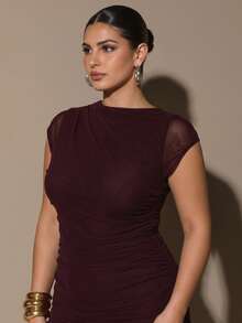 SHEIN BAE Plus Size Women's Solid Color Pleated Collar Elegant Dress - Brown - View 5