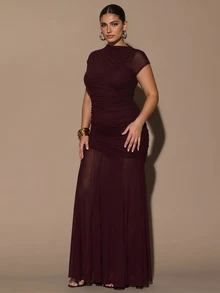 SHEIN BAE Plus Size Women's Solid Color Pleated Collar Elegant Dress - Brown - View 6