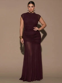 SHEIN BAE Plus Size Women's Solid Color Pleated Collar Elegant Dress - Brown - View 4