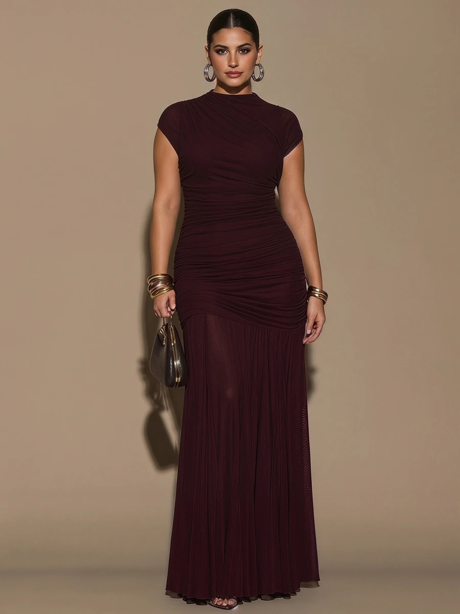 SHEIN BAE Plus Size Women's Solid Color Pleated Collar Elegant Dress - Brown - View 1