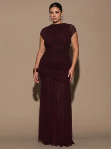 SHEIN BAE Plus Size Women's Solid Color Pleated Collar Elegant Dress - Brown - View 2