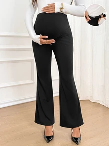 SHEIN Maternity Solid Color Adjustable Waist Casual Daily Flare Pants - Black - View 7