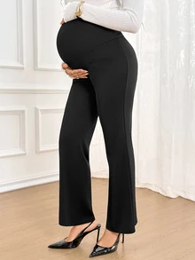 SHEIN Maternity Solid Color Adjustable Waist Casual Daily Flare Pants - Black - View 5