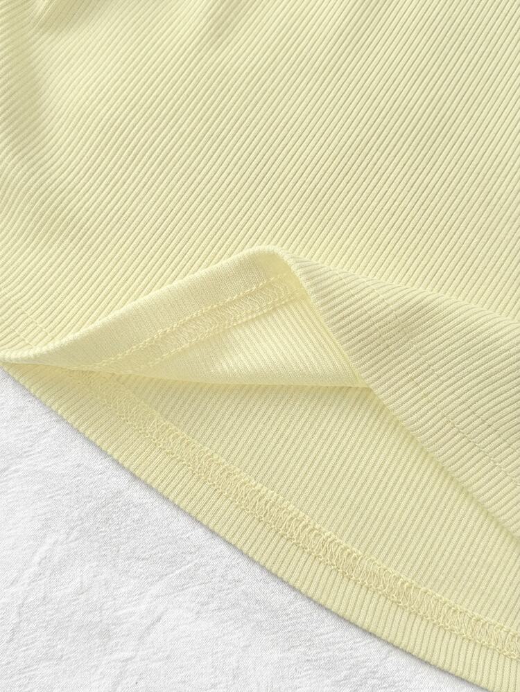 SHEIN Teen Girls Yellow & White Collar Knit Casual Colorblock Patchwork Slim Fit Cinched Waist T-Shirt With Small Logo Embroidery - Yellow - View 5