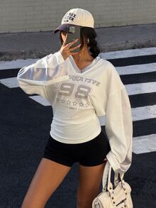 SHEIN EZwear Plus Size Autumn Casual Colorblock Patchwork Number Print T-Shirt Fall - White - View 3